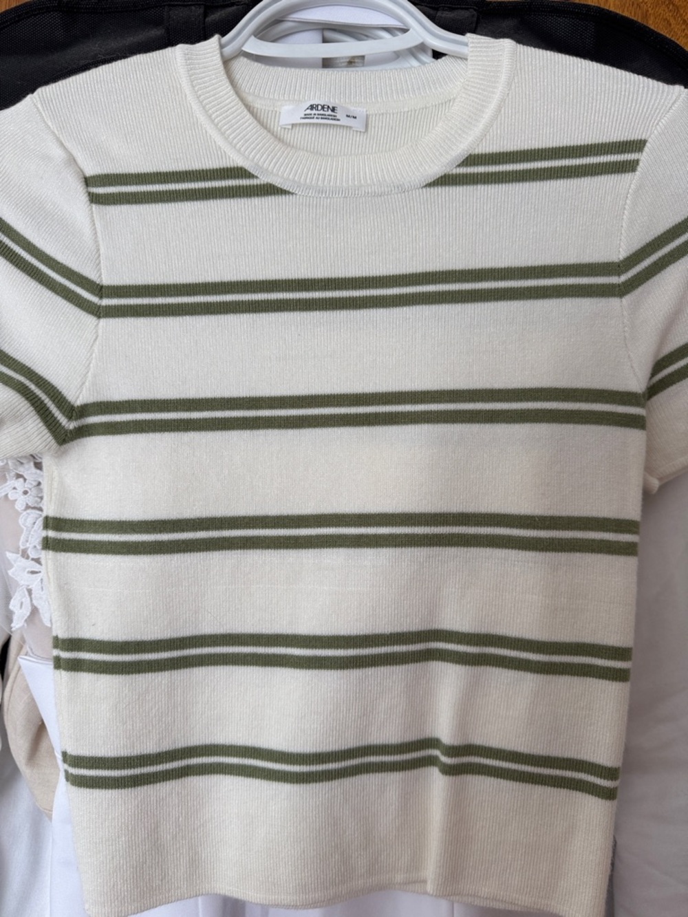 Ardene Cream Short-Sleeve Sweater with Olive Stripes
